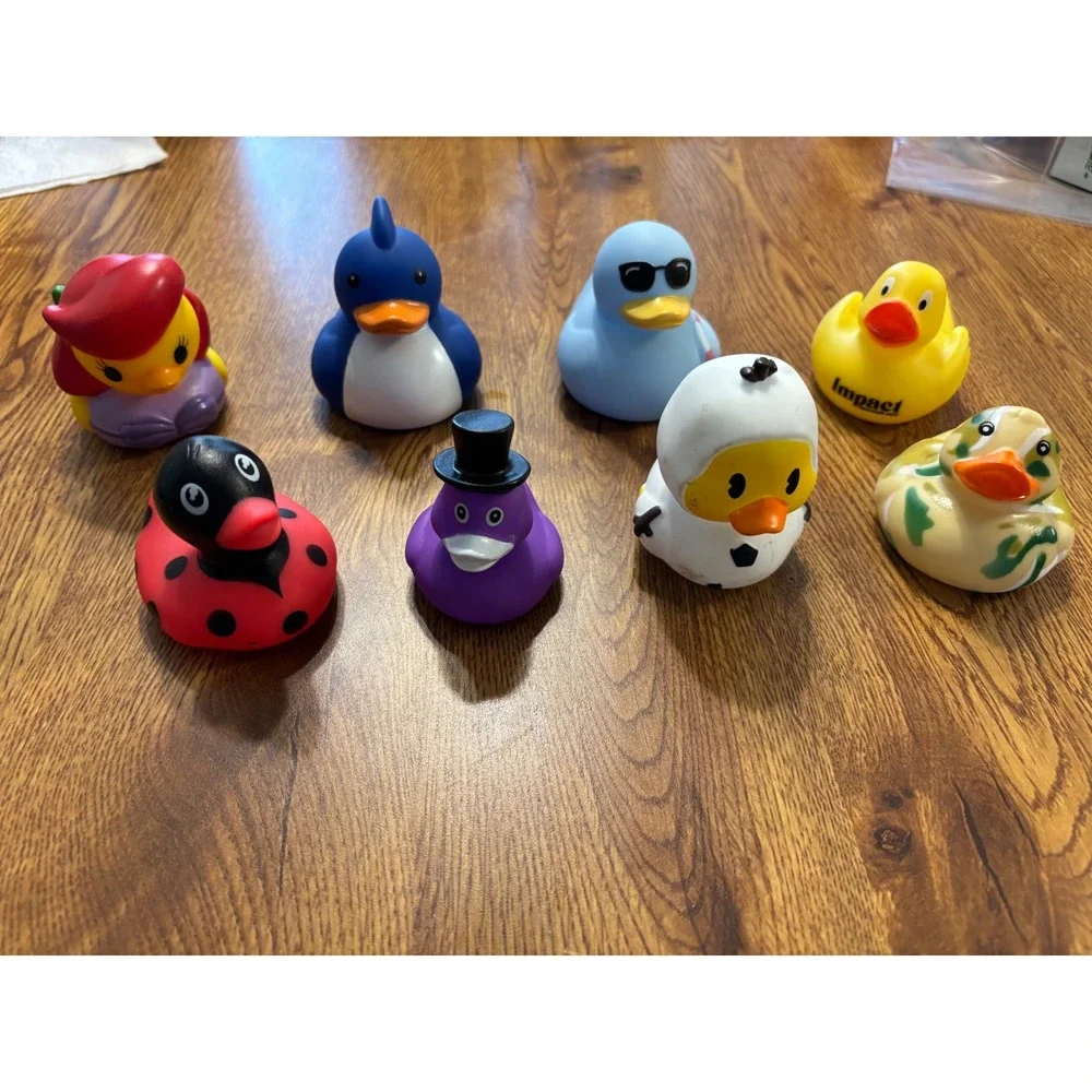 Lot of 8 Novelty Rubber Ducks Mixed Themes Penguin Ladybug Mermaid Soccer Camo